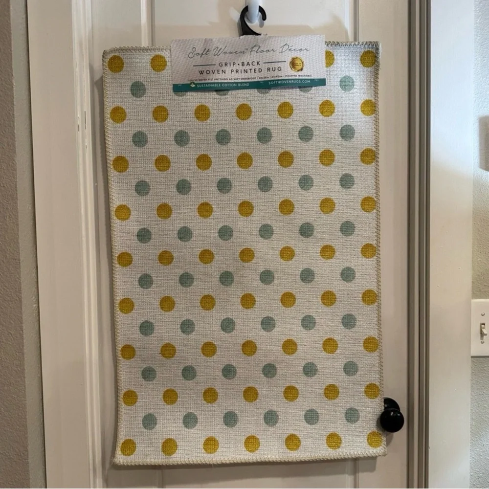 Great Finds Lemon Polka Dot Rug 2x3 Grip Back Washable Yellow White Teal NWT